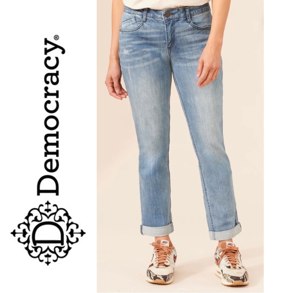🆕 Democracy Women's “Ab” Technology Mid-Rise Blue Denim Girlfriend Jeans Size: 2